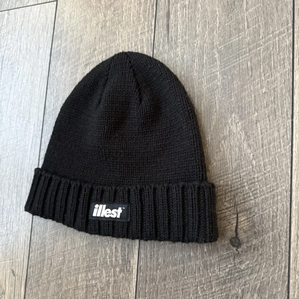 Y2K Illest Beanie Hat Black Knit Cuffed Logo Patch Streetwear Skull Cap Adult OS